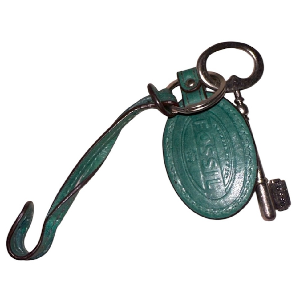 FOSSIL Turquoise Leather Key Fob Retro Purse Charm Rare Color Y2K 2010